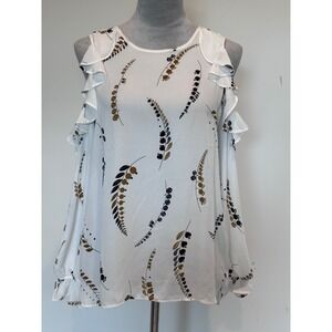 Ann Taylor Factory White Botanical Leaf Print Cold Shoulder Ruffle Blouse Small